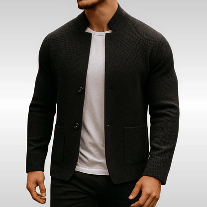 Men's textured knit cardigan with Mandarin collar, button front and patch pockets