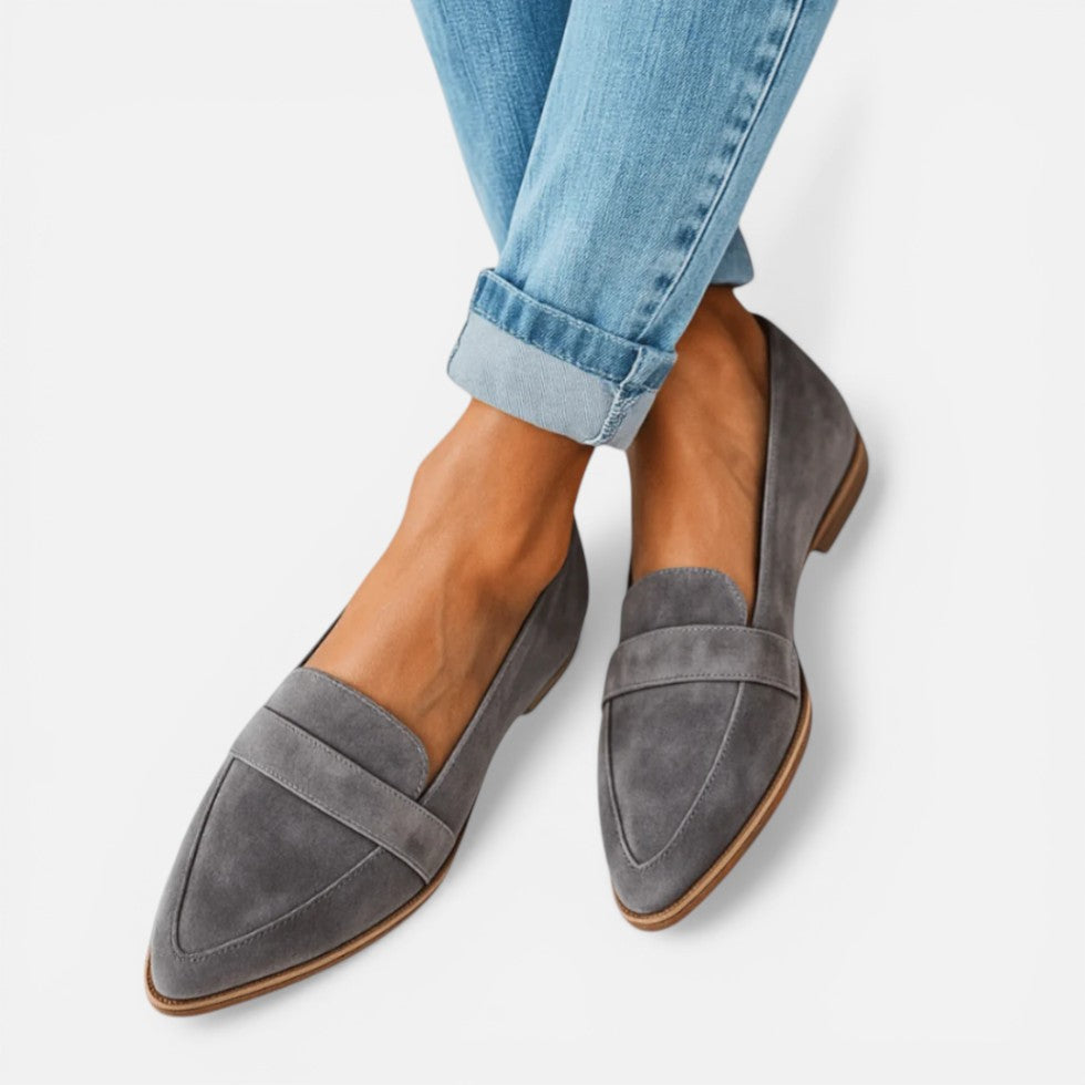 Women's pointed toe penny loafers with low heels and brushed finish