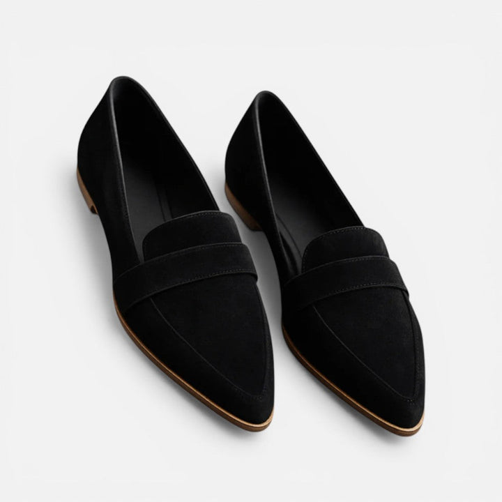 Women's pointed toe penny loafers with low heels and brushed finish