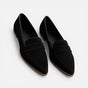 Women's pointed toe penny loafers with low heels and brushed finish