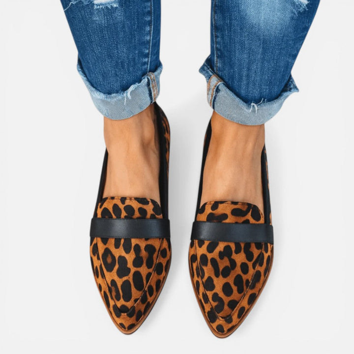 Women's pointed toe penny loafers with low heels and brushed finish