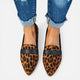 Women's pointed toe penny loafers with low heels and brushed finish