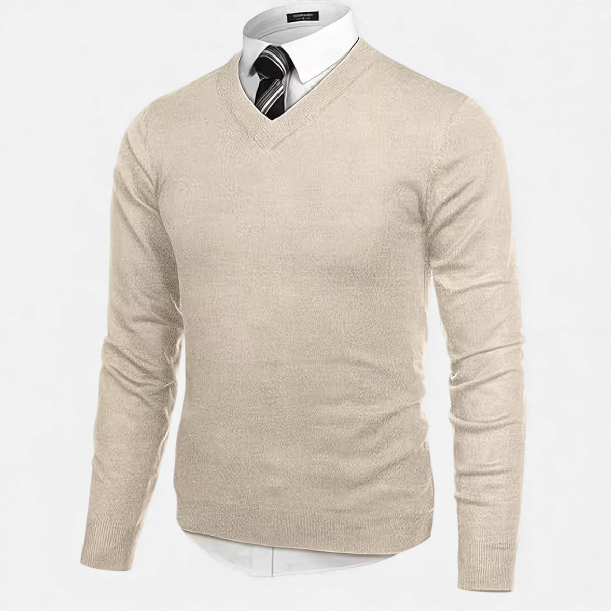 Men's solid V-neck knit sweater with long sleeves and ribbed trims