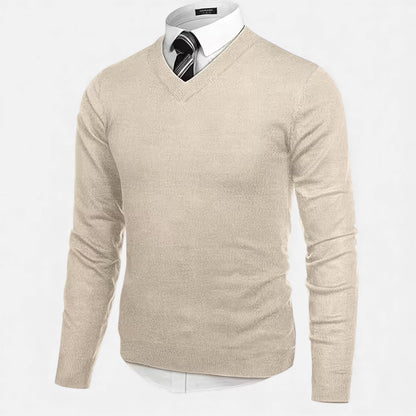 Men's solid V-neck knit sweater with long sleeves and ribbed trims