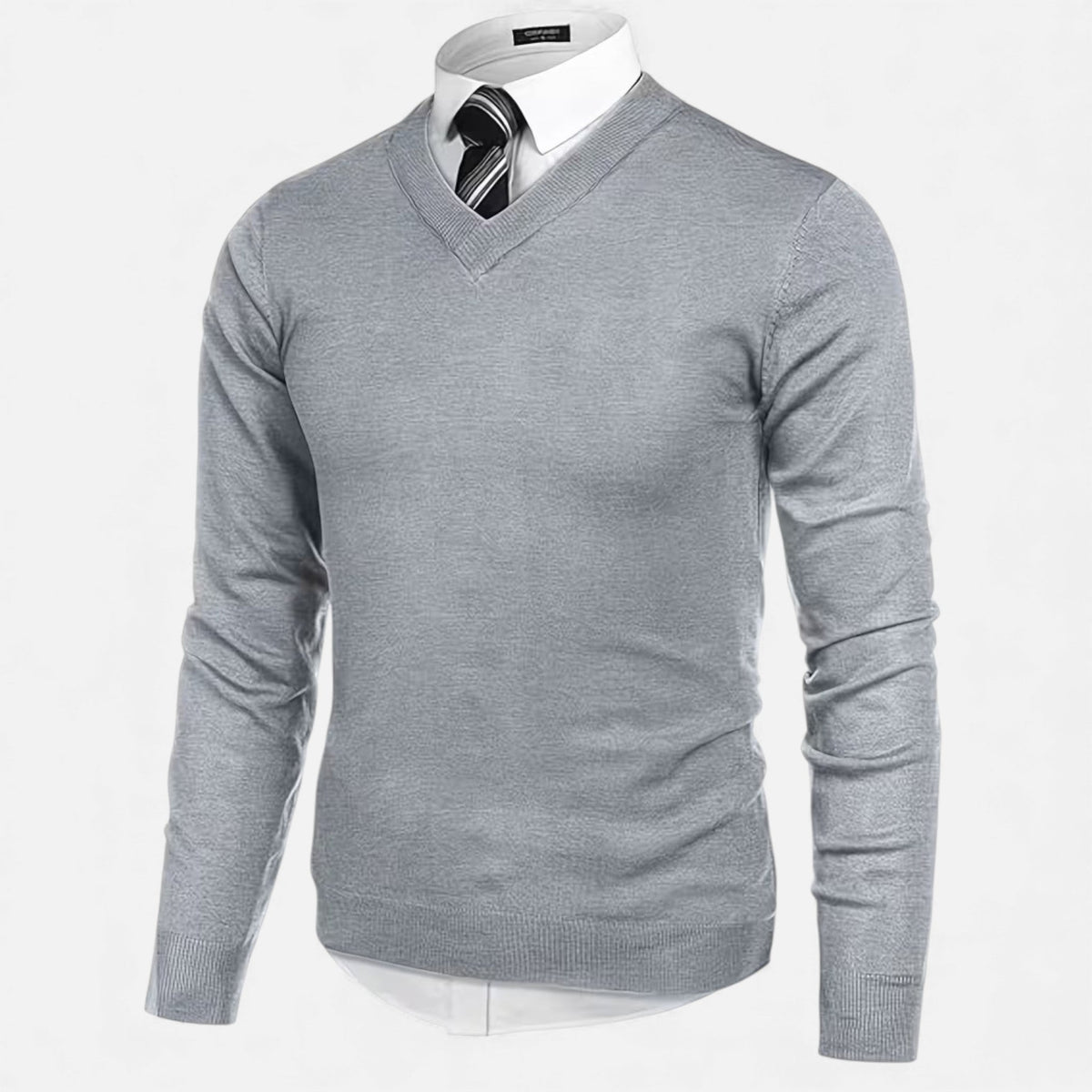 Men's solid V-neck knit sweater with long sleeves and ribbed trims