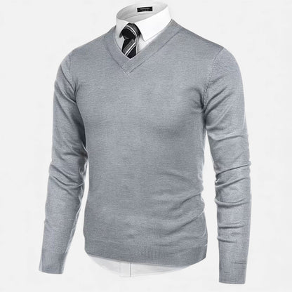 Men's solid V-neck knit sweater with long sleeves and ribbed trims