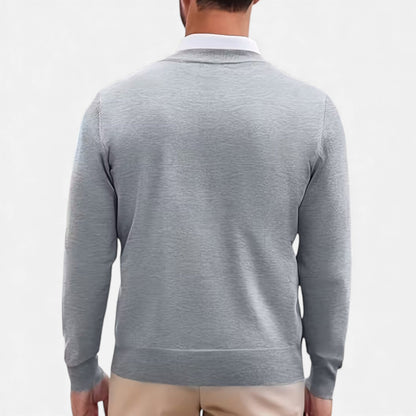 Men's solid V-neck knit sweater with long sleeves and ribbed trims