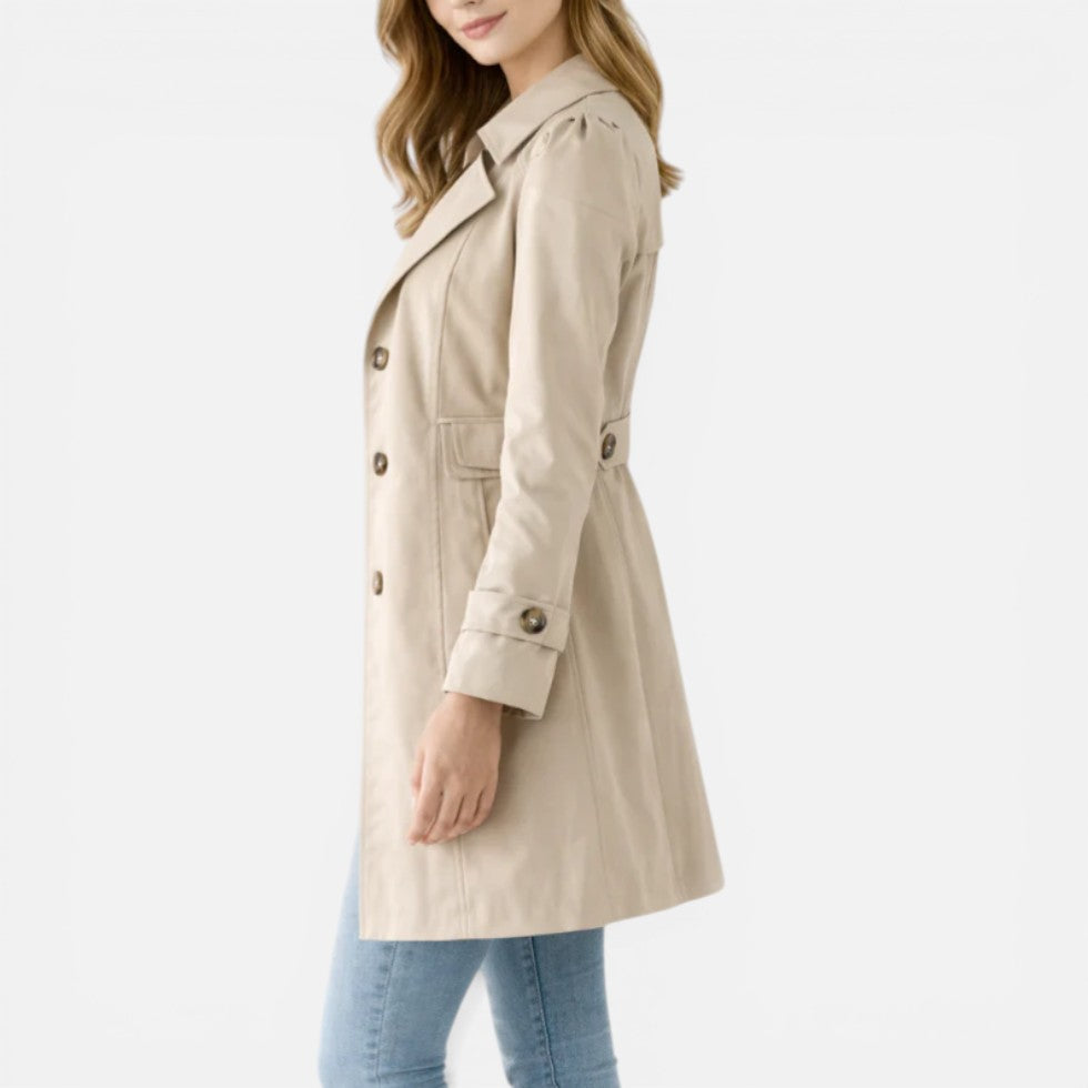 Women's button front trench coat with notched lapels and long sleeves