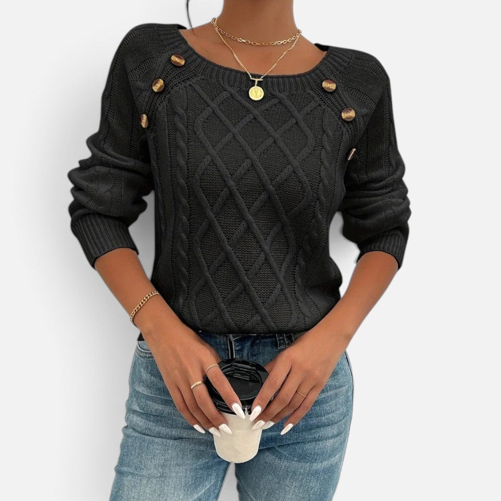 Women's cable knit sweater with shoulder buttons