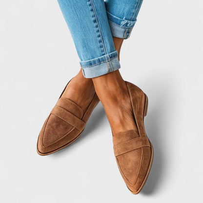 Women's pointed-toe slip-on loafers with vamp straps and low heels