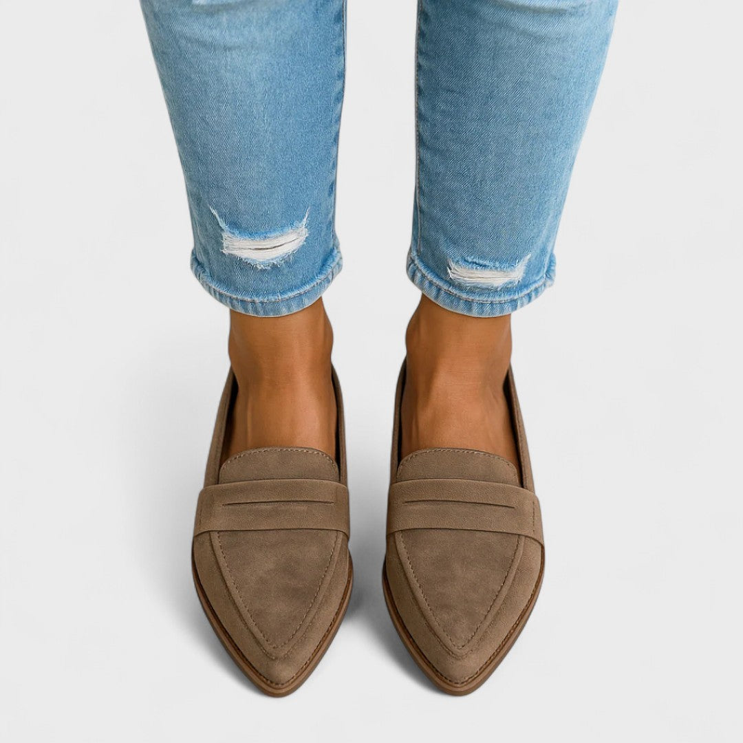 Women's pointed-toe slip-on loafers with vamp straps and low heels