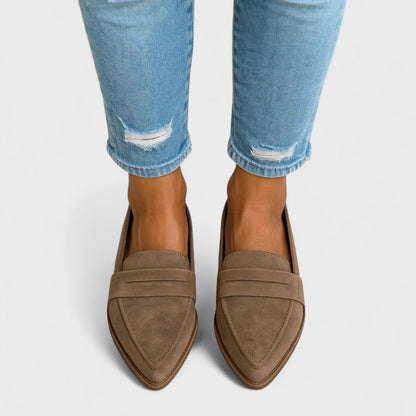 Women's pointed-toe slip-on loafers with vamp straps and low heels