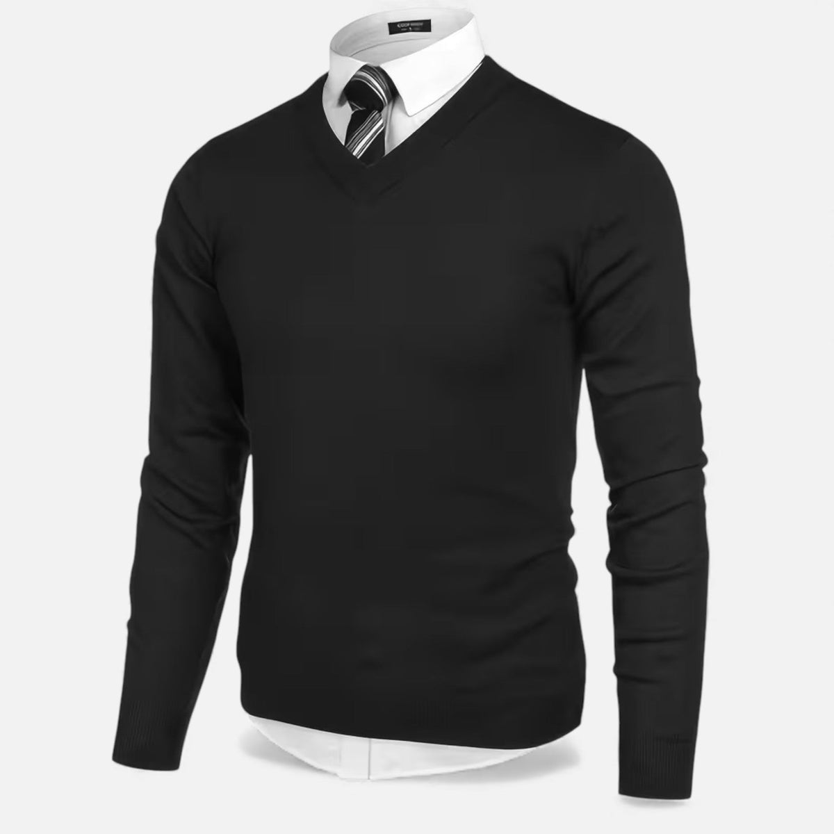 Men's solid V-neck knit sweater with long sleeves and ribbed trims
