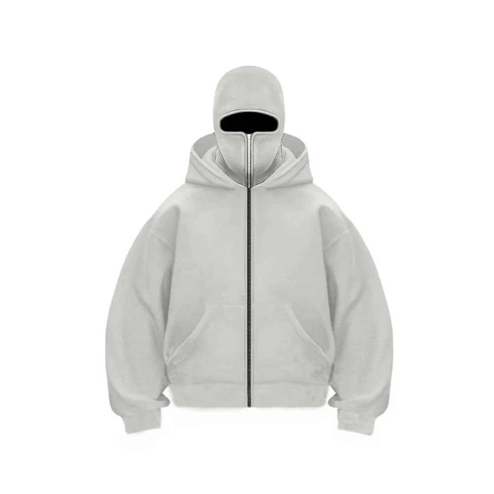 Unisex hooded zip hoodie with integrated face cover and kangaroo pocket