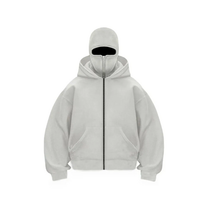 Unisex hooded zip hoodie with integrated face cover and kangaroo pocket