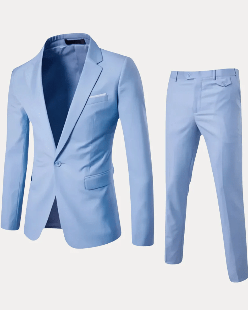Men's two-piece suit with notched lapels and slim trousers