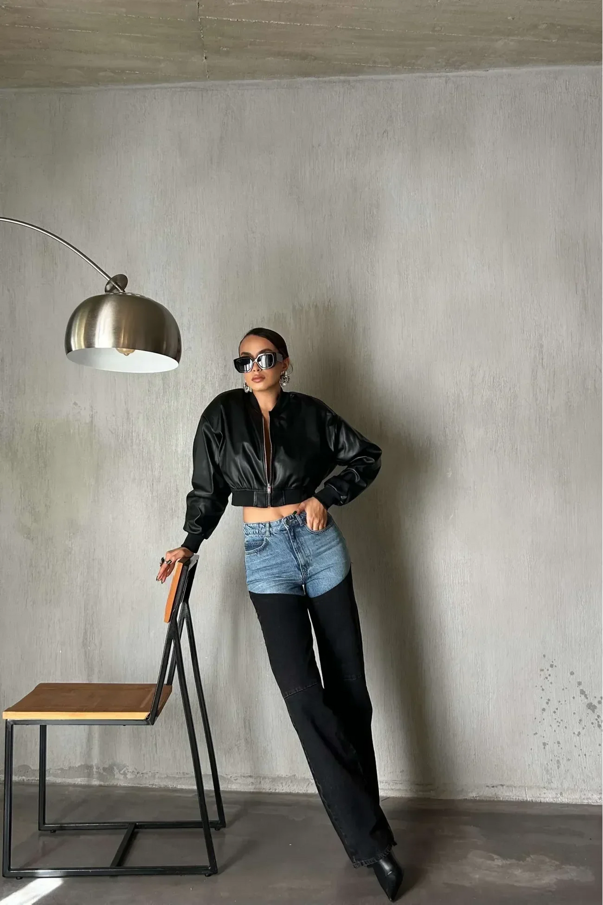 Women's two-tone blue and black high-rise straight-leg jeans