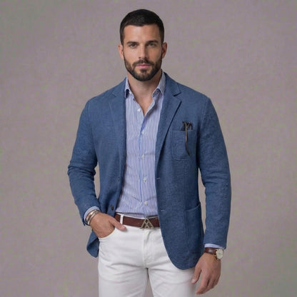 Men's textured blazer jacket with notched lapels, long sleeves and front pockets