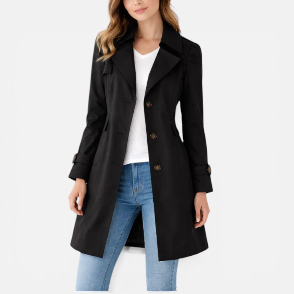Women's button front trench coat with notched lapels and long sleeves