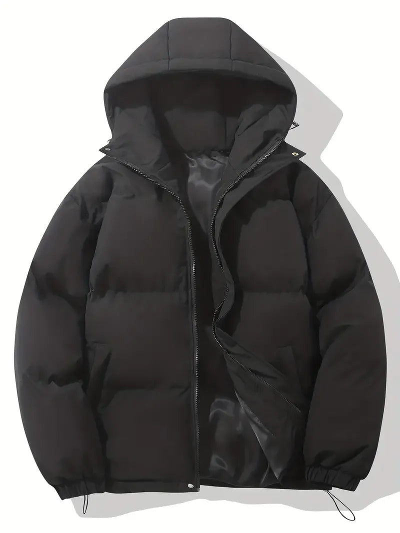 Women's hooded puffer jacket with long sleeves and zip front