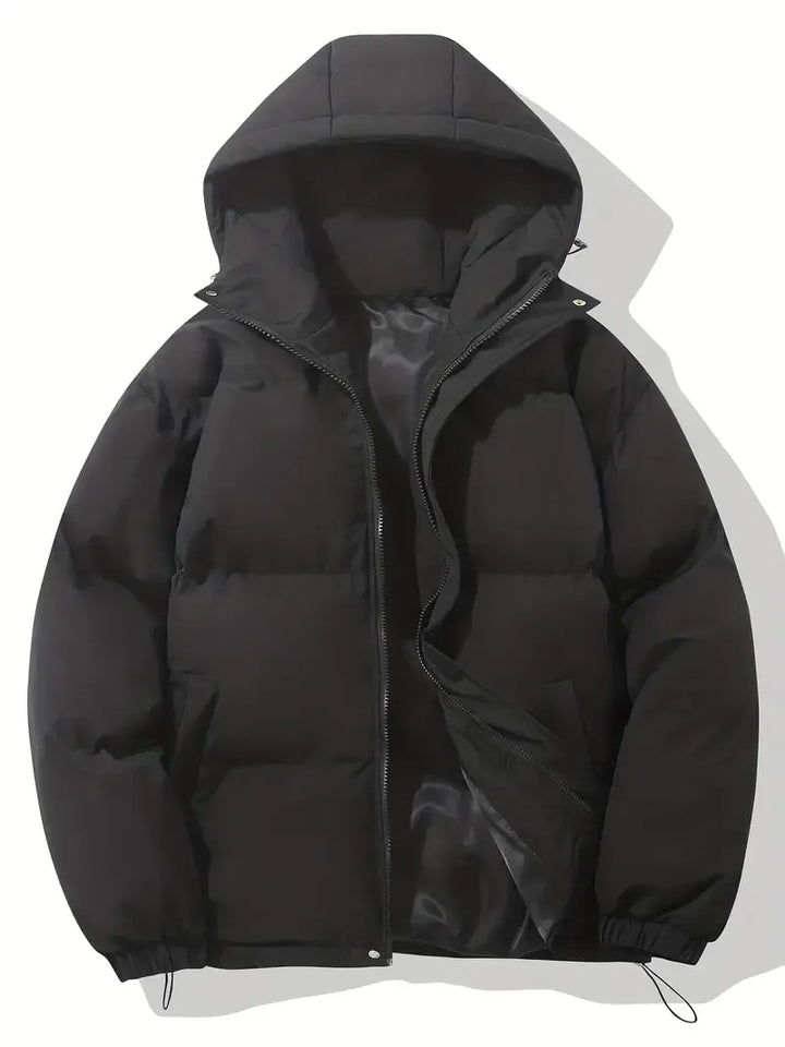 Women's hooded puffer jacket with long sleeves and zip front