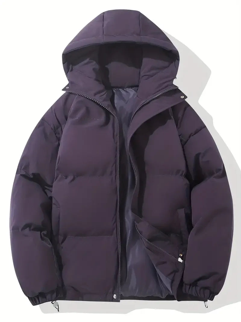 Women's hooded puffer jacket with long sleeves and zip front