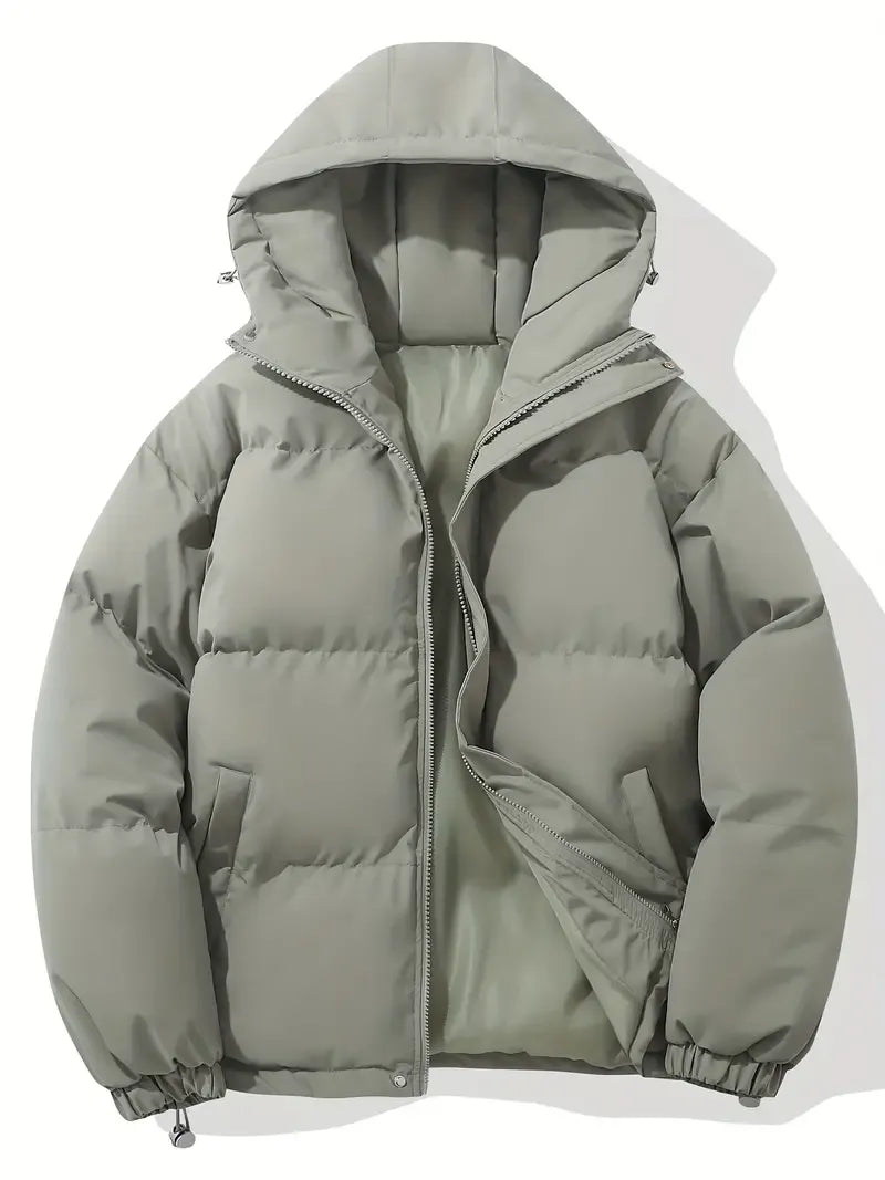 Women's hooded puffer jacket with long sleeves and zip front