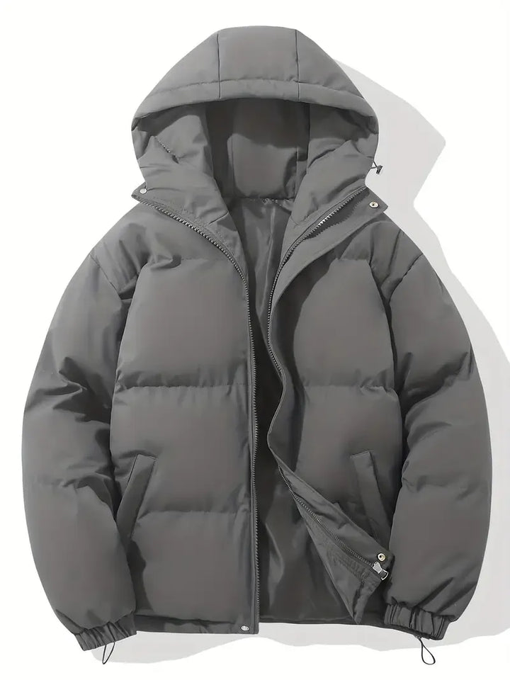 Women's hooded puffer jacket with long sleeves and zip front