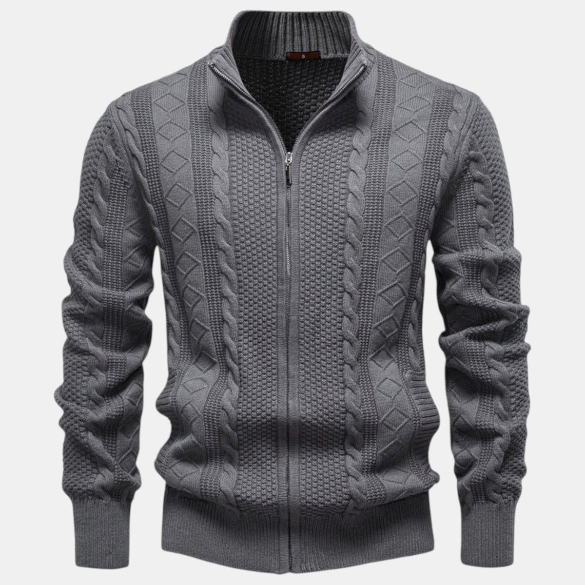 Men's cable knit zip-up sweater with stand collar and long sleeves