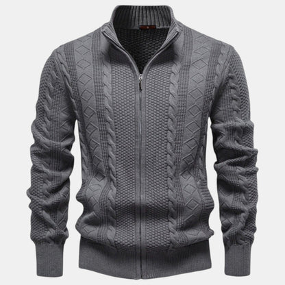 Men's cable knit zip-up sweater with stand collar and long sleeves