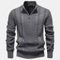 Men's cable knit zip-up sweater with stand collar and long sleeves