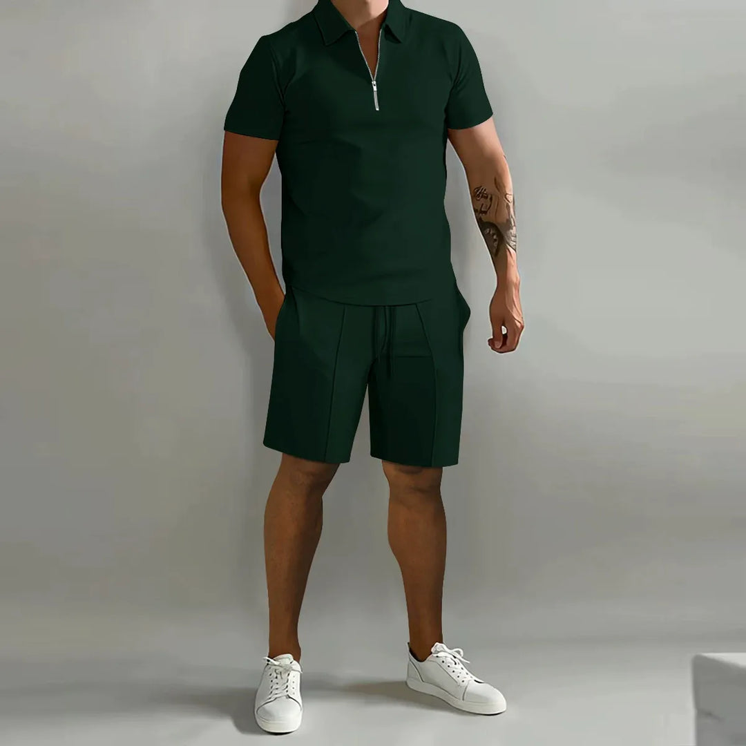 Men's Waffle Knit Polo and Shorts Set, Quarter Zip, Drawstring