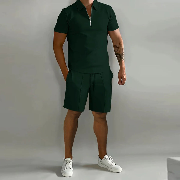 Men's Waffle Knit Polo and Shorts Set, Quarter Zip, Drawstring