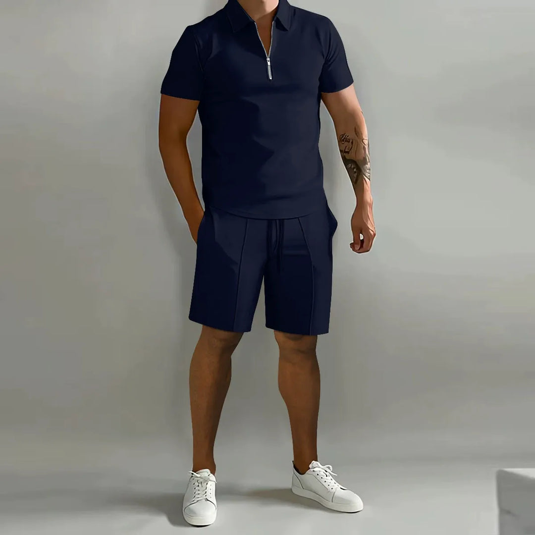 Men's Waffle Knit Polo and Shorts Set, Quarter Zip, Drawstring