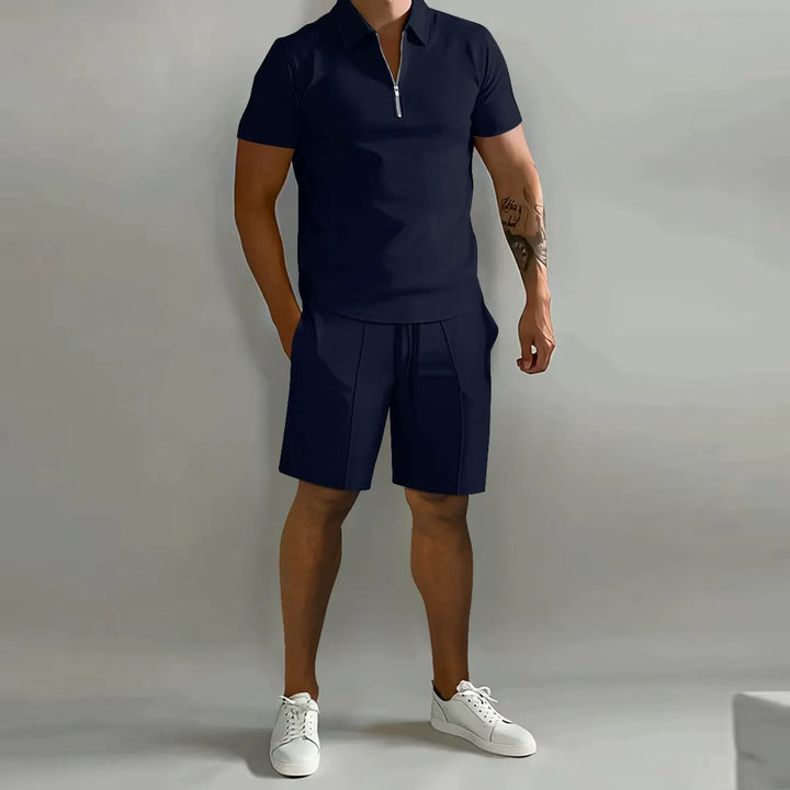 Men's Waffle Knit Polo and Shorts Set, Quarter Zip, Drawstring