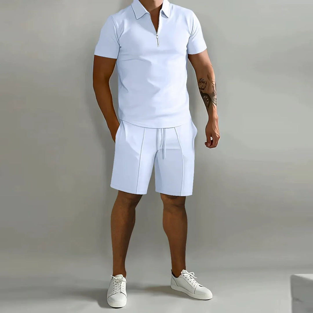 Men's Waffle Knit Polo and Shorts Set, Quarter Zip, Drawstring