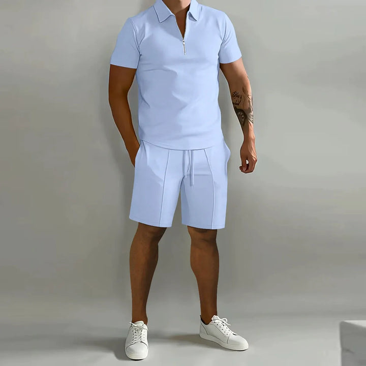 Men's Waffle Knit Polo and Shorts Set, Quarter Zip, Drawstring