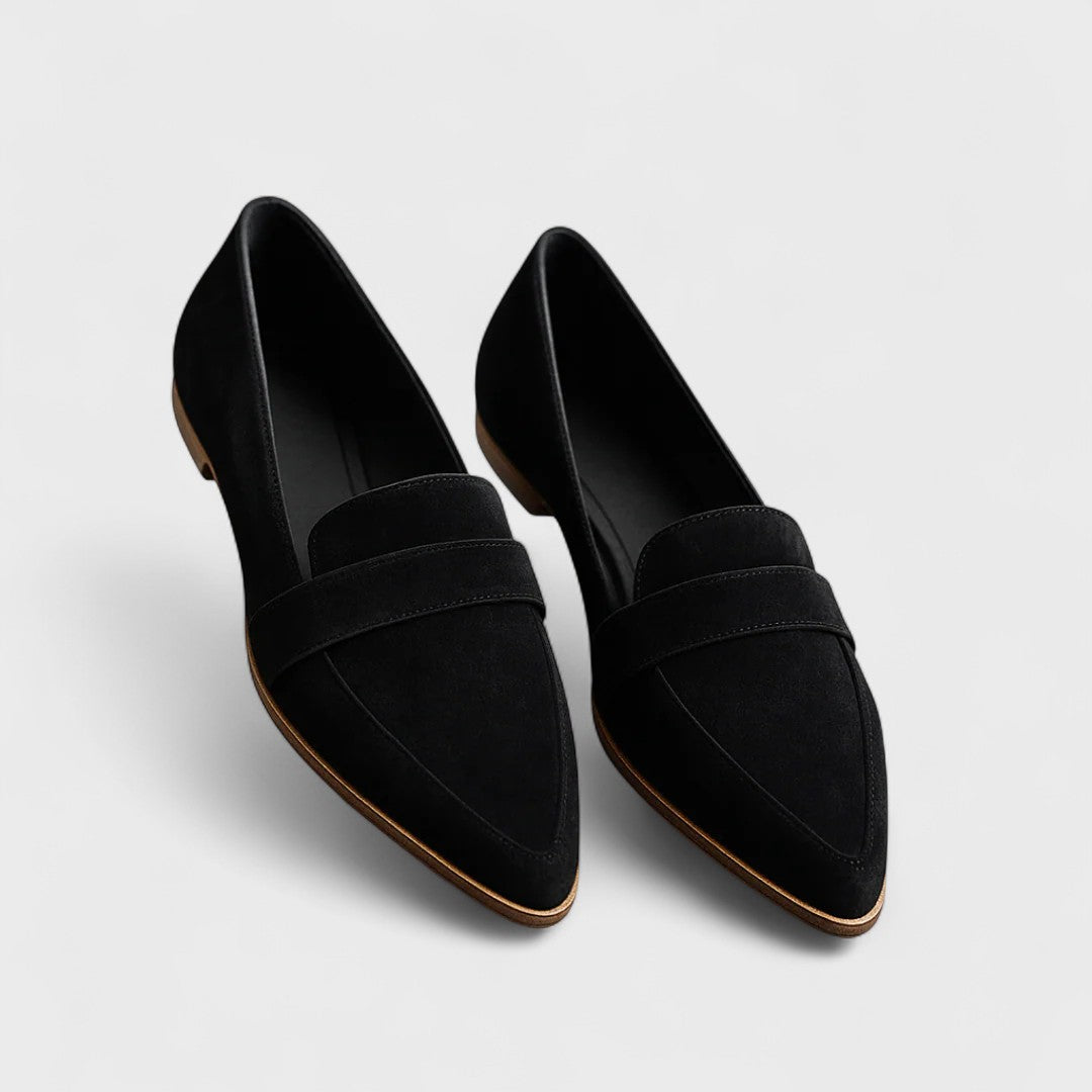Women's pointed-toe slip-on loafers with vamp straps and low heels