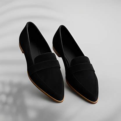 Women's pointed-toe penny loafers with low heels and vamp straps