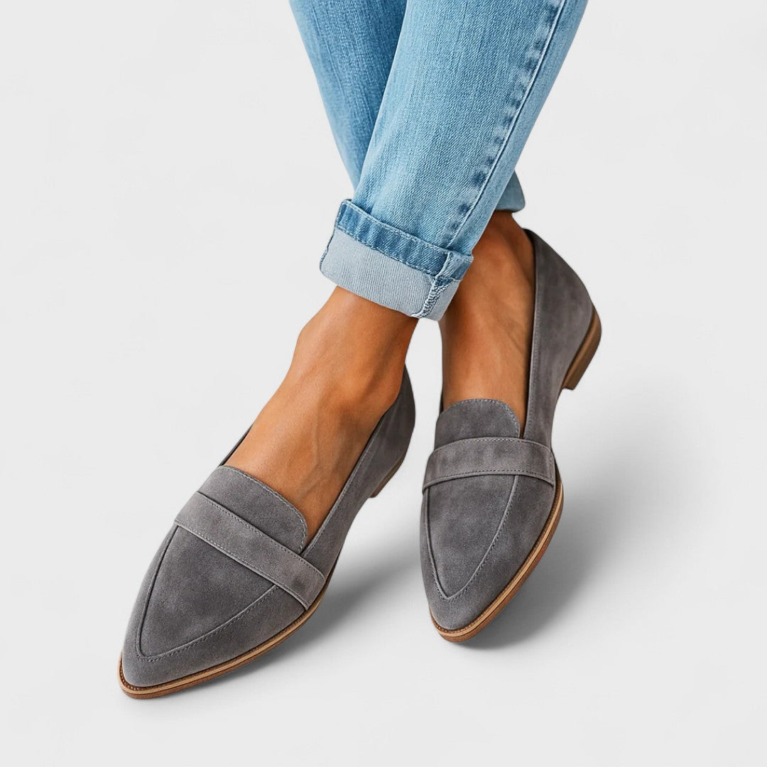 Women's pointed-toe slip-on loafers with vamp straps and low heels