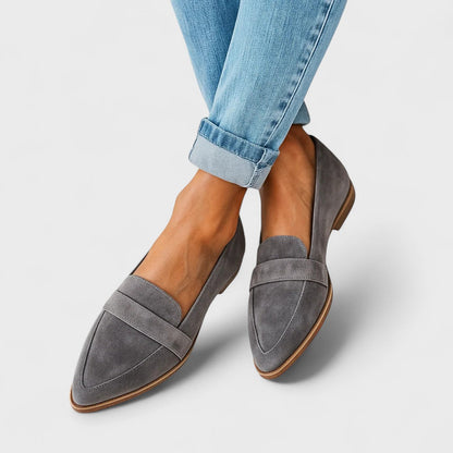 Women's pointed-toe slip-on loafers with vamp straps and low heels