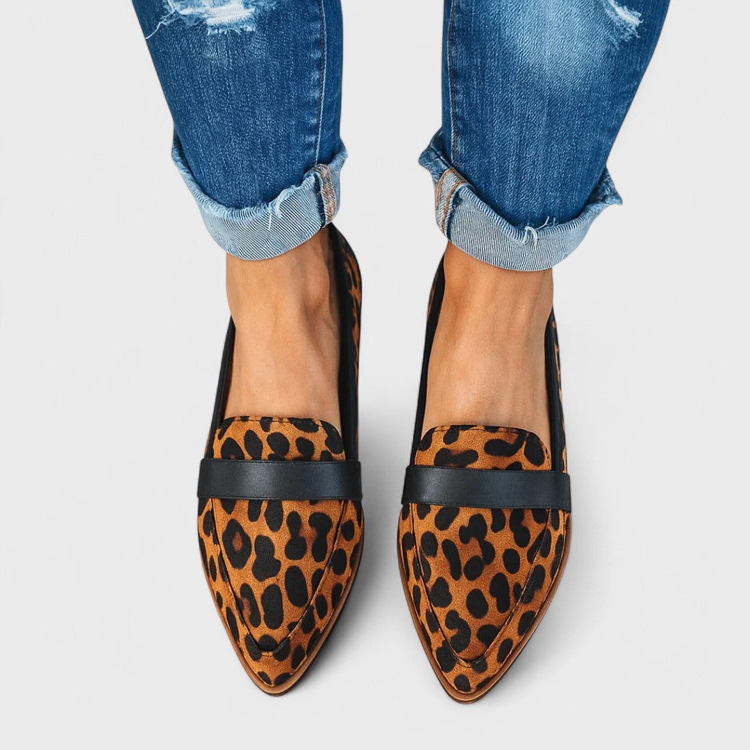 Women's pointed-toe slip-on loafers with vamp straps and low heels
