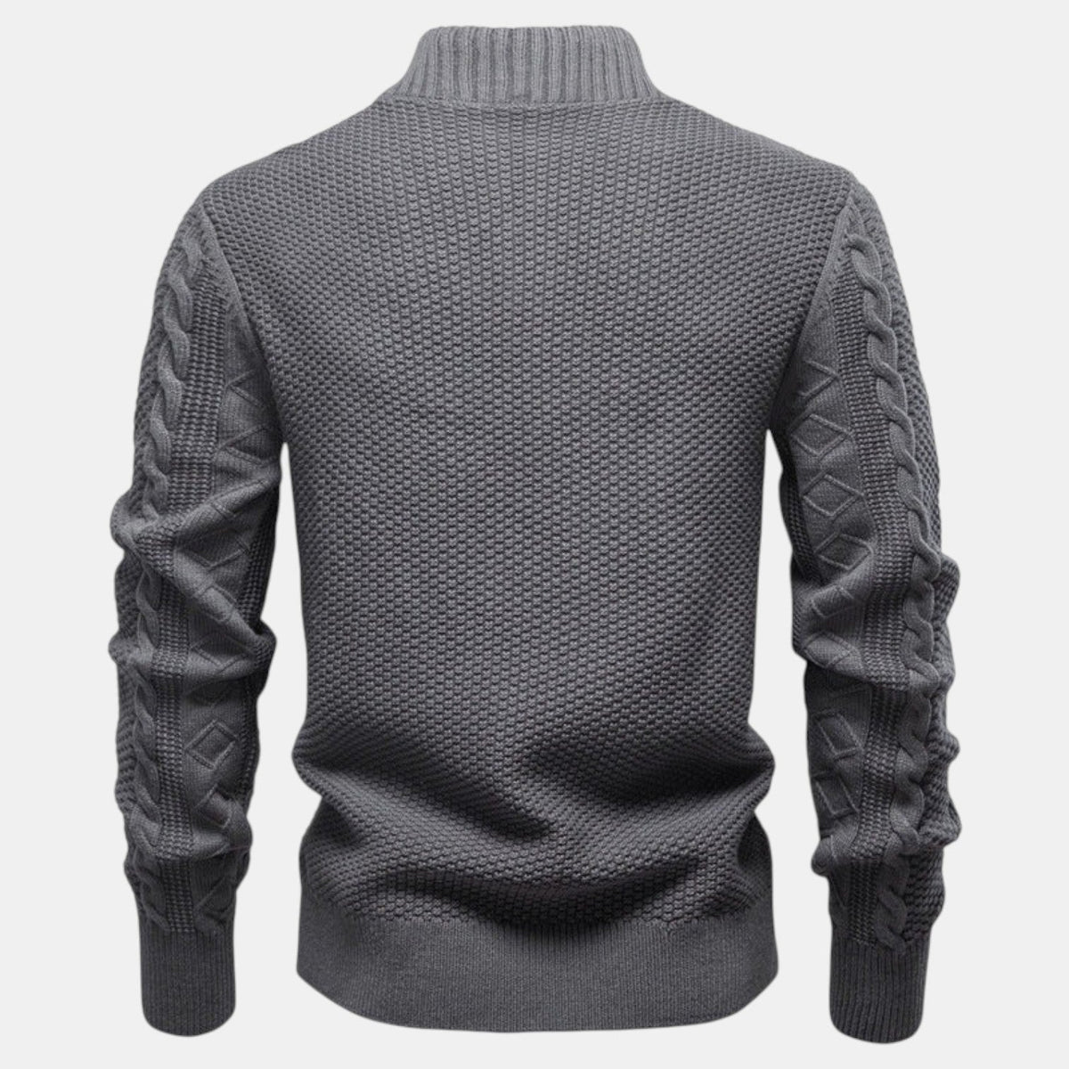 Men's cable knit zip-up sweater with stand collar and long sleeves