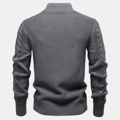 Men's cable knit zip-up sweater with stand collar and long sleeves