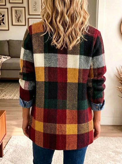 Women's multicolor checked jacket with blue denim-look trim and button front