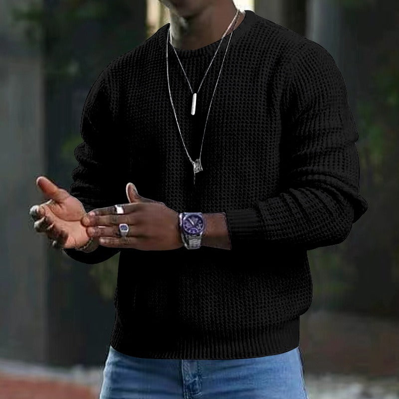 Men's long-sleeve textured crew neck sweater with ribbed trims