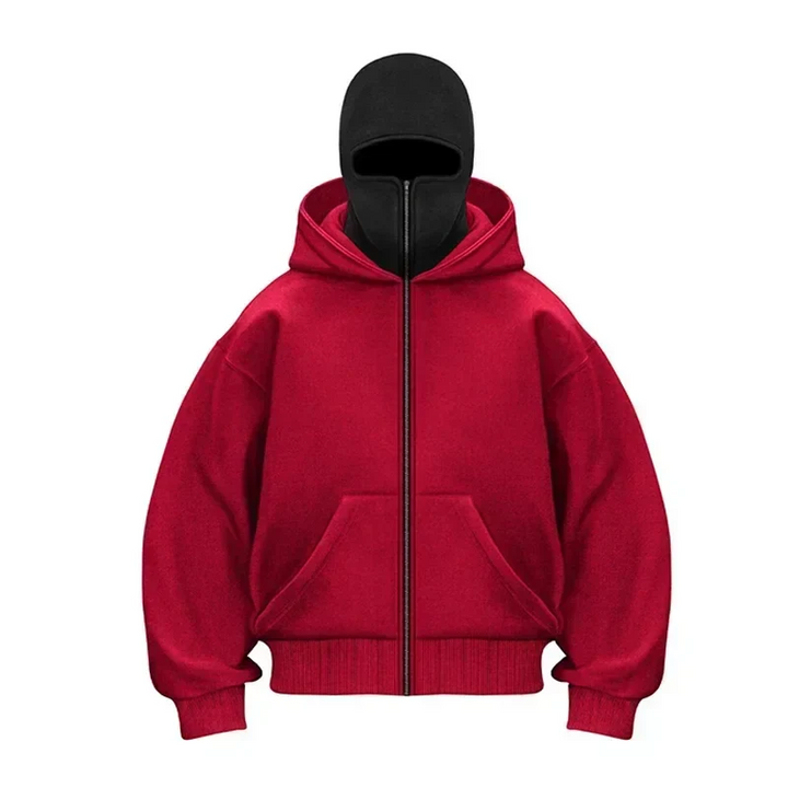 Unisex hooded zip hoodie with integrated face cover and kangaroo pocket