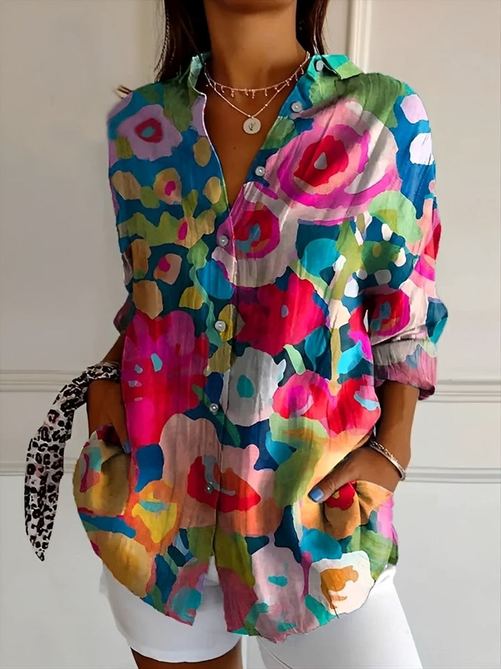 Women's patterned button-up shirt with collar and long sleeves