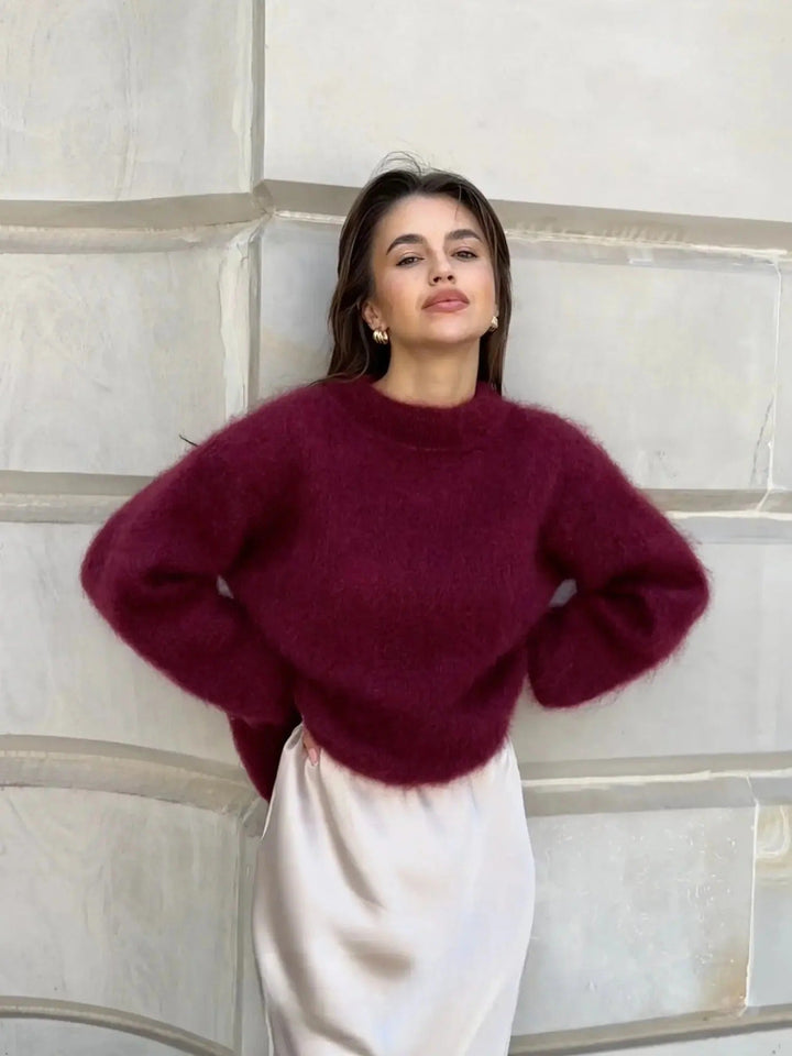 Women's oversized fuzzy knit sweater with crew neck and long sleeves