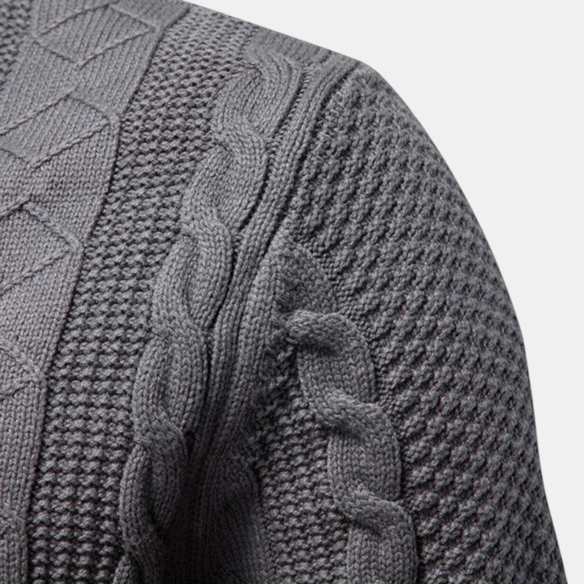 Men's cable knit zip-up sweater with stand collar and long sleeves